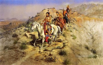 Amérindien œuvres - sur le sentier de la guerre 1895 Charles Marion Russell Indiens d’Amérique